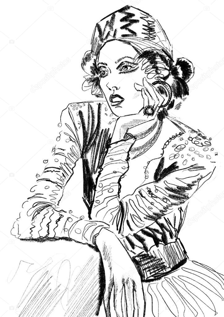 Hand-drawn fashion illustration of imaginary glamour grotesque model actress in a sequin dress, with curly hairstyle, in a beret hat, with an extraordinary makeup. Black white drawing. Color book