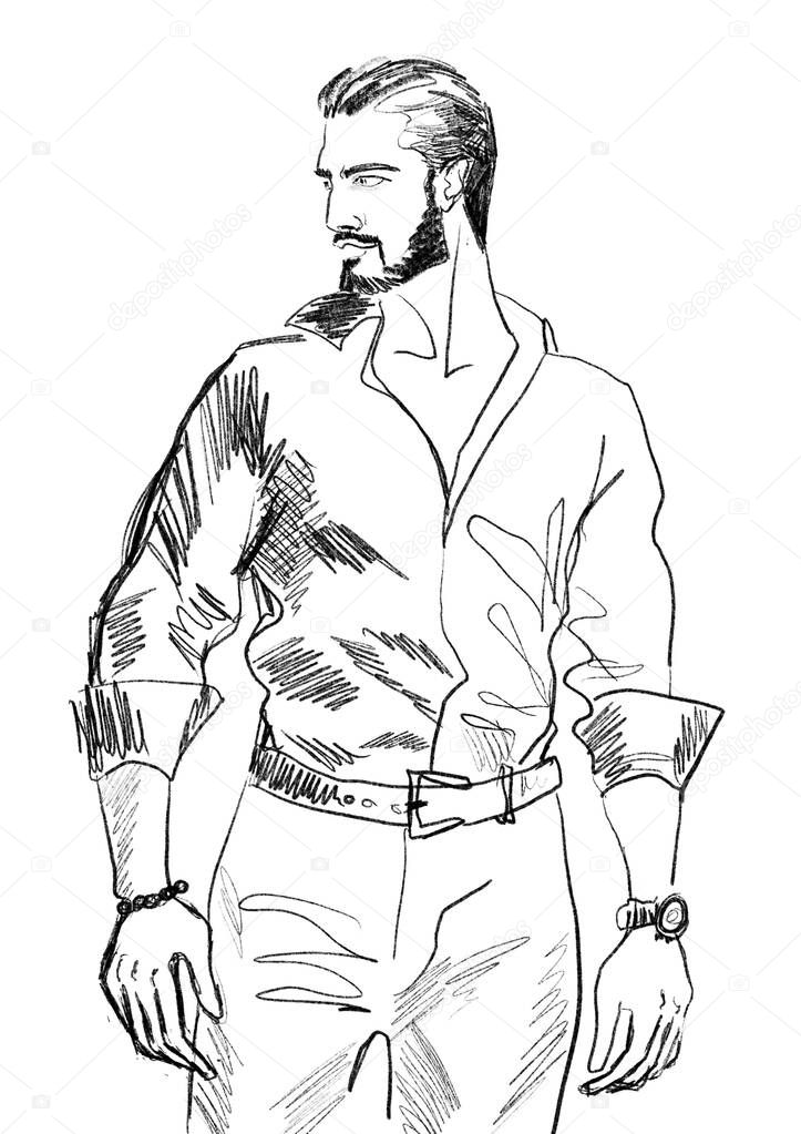 Hand-drawn fashion illustration of an imaginary male model fit figure in fashion outfit. Color book page. Posing reference. Black white man sketch. Comic book art. Romance novel character