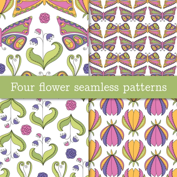 4 つの花と蝶のパターン — ストックベクタ