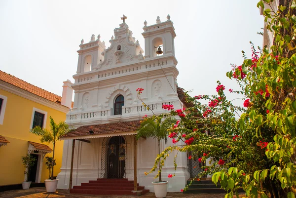 Forte Tiracol. Catedral Católica no fundo de flores vermelhas. Goa. Índia — Fotografia de Stock