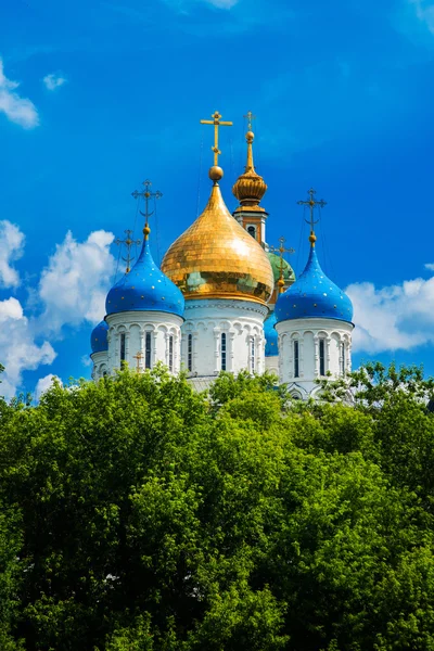 Novospassky 修道院与蓝蓝的天空背景上的金色圆顶。莫斯科。俄罗斯. — 图库照片