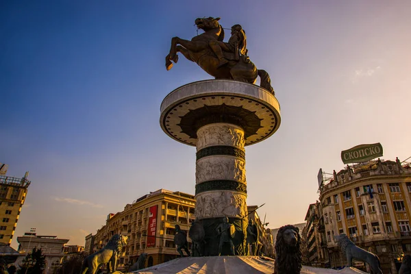 Skopje Macedonia Del Norte Guerrero Caballo Alejandro Magno Estatua Centro — Foto de Stock