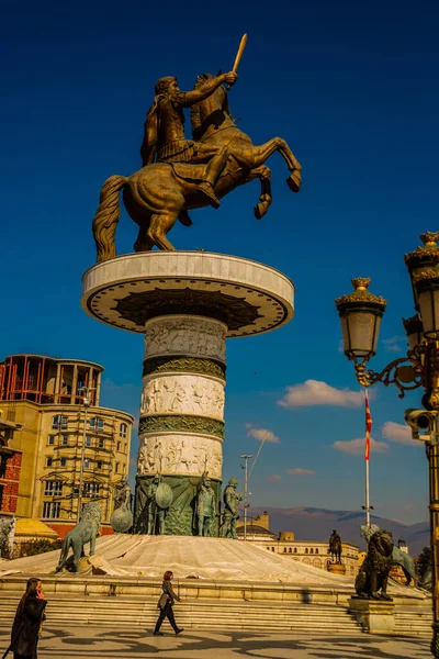 Skopje Macedonia Del Norte Guerrero Caballo Alejandro Magno Estatua Centro — Foto de Stock