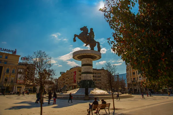 Skopje Norte Macedonia Guerreiro Cavalo Alexandre Grande Estátua Centro Cidade — Fotografia de Stock