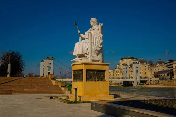 Skopje Nord Macedonia Statue Von Justinian Skopje Monument Aus Weißem — Stockfoto