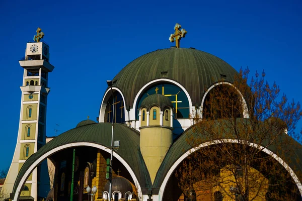 Skopje North Macedonia Beautiful Orthodox Saint Clement Ohrid Church Blue – stockfoto