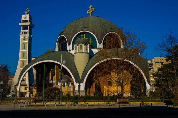 Skopje North Macedonia Beautiful Orthodox Saint Clement Ohrid Church Blue – stockfoto