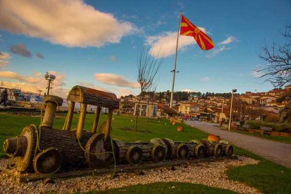 Ohrid Macedonia Del Norte Vista Plaza Bandera Macedonia Muelle Del — Foto de Stock