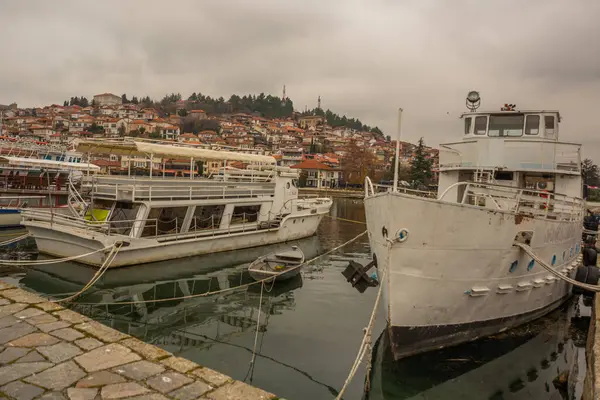 Ohrid Macedonia Del Nord Veduta Del Molo Con Navi All — Foto Stock