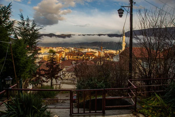 Ohrid North Macedonia Vacker Utsikt Från Terrassen Till Bergen Gatlyktan — Stockfoto