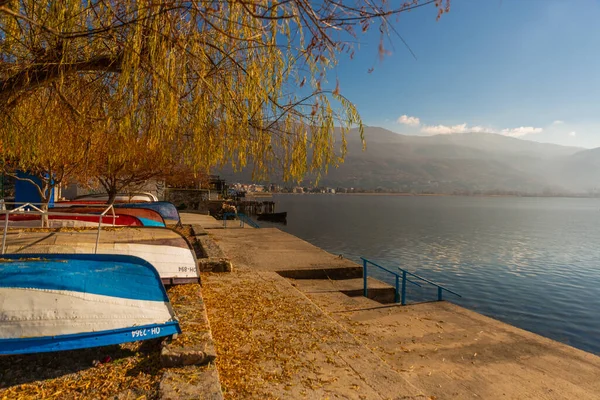 Ohrid Macedonia Del Norte Los Barcos Pesqueros Madera Encuentran Paseo — Foto de Stock