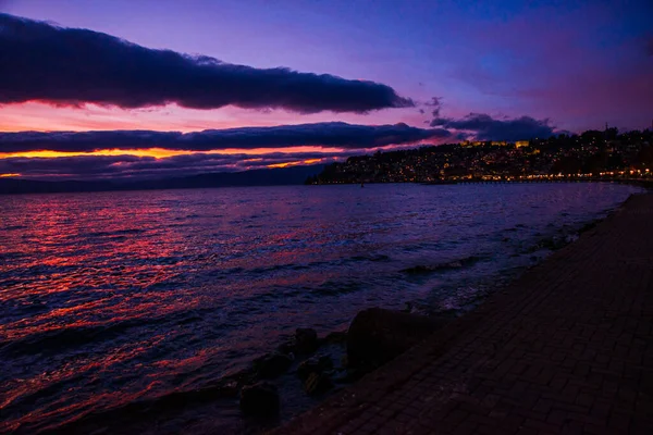 Ohrid Nord Macedonia Schöne Abendlandschaft Nach Sonnenuntergang Ohridsee Unesco Weltkulturerbe — Stockfoto
