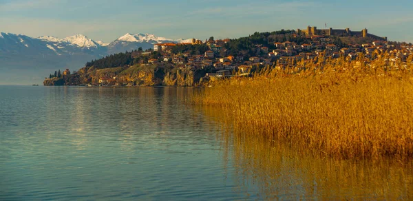 Ohrid Północna Macedonia Piękny Krajobraz Widokiem Stare Miasto Jezioro Ochryda — Zdjęcie stockowe