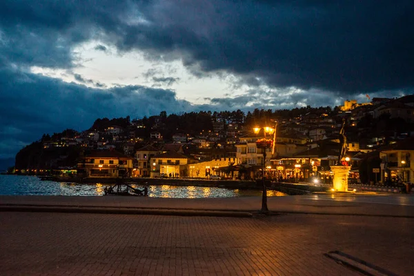 Ohrid North Macedonia Vista Cidade Velha Lago Ohrid Noite Com — Fotografia de Stock