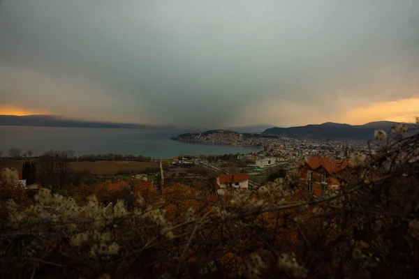 Ohrid Macedonia Del Norte Vista Superior Ciudad Lago Ohrid Noche — Foto de Stock