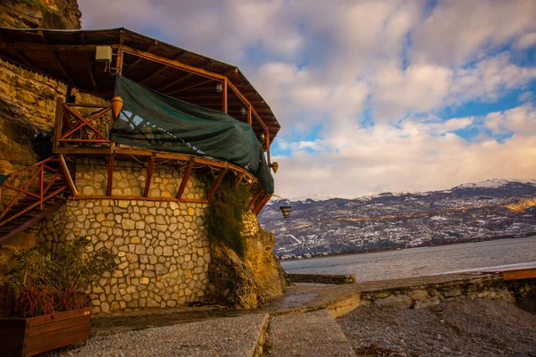 Ohrid Macedonia Del Norte Paisaje Nocturno Antiguo Lago Ohrid Atardecer — Foto de Stock