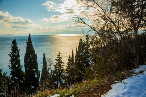 Ohrid Macédoine Nord Beau Paysage Hivernal Sur Lac Ohrid Par — Photo