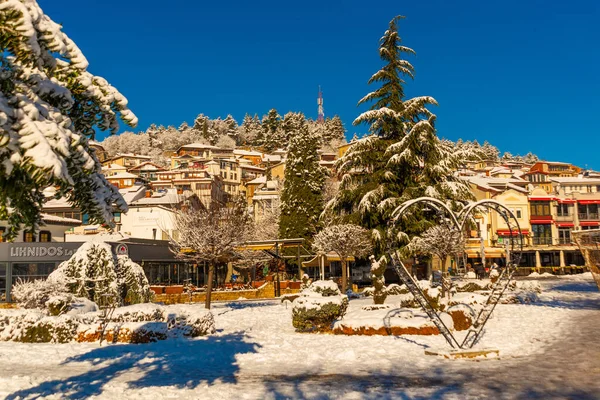 Ohrid Macedonia Del Nord Bellissimo Paesaggio Invernale Nella Piazza Della — Foto Stock