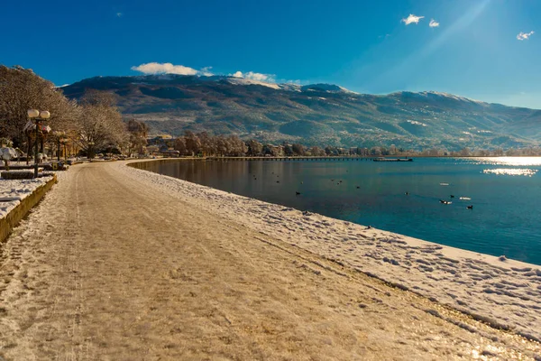 Ohrid Macedonia Del Norte Hermoso Paisaje Invernal Lago Ohrid Patrimonio — Foto de Stock