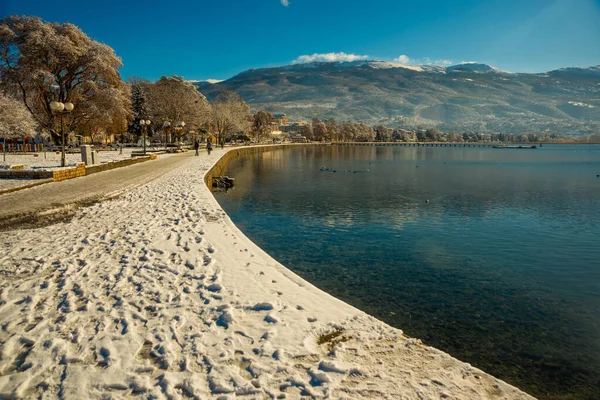 Ohrid Macedonia Del Norte Hermoso Paisaje Invernal Lago Ohrid Patrimonio — Foto de Stock
