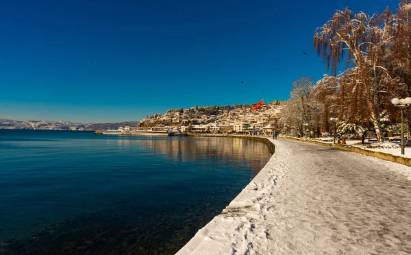 Ohrid Macedonia Del Norte Hermoso Paisaje Invernal Plaza Ciudad Para — Foto de Stock
