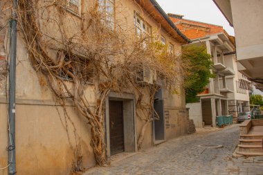 OHRID, NORTH MACEDONIA: Eski Ohri kasabasının tarihi merkezinde caddede güzel evler. UNESCO Dünya Mirası Alanı
