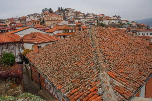 Ohrid Północna Macedonia Tradycyjne Białe Domy Centrum Starego Miasta Ochrydy — Zdjęcie stockowe