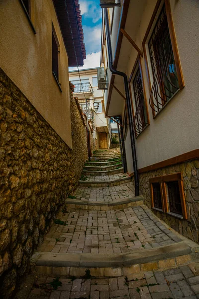 Ohrid Macedonia Del Norte Casas Blancas Tradicionales Centro Del Casco — Foto de Stock