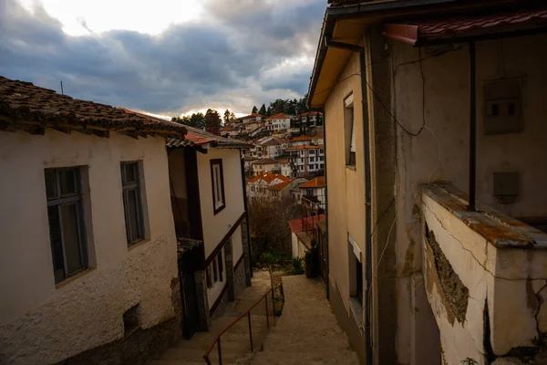 Ohrid Północna Macedonia Tradycyjne Białe Domy Centrum Starego Miasta Ochrydy — Zdjęcie stockowe