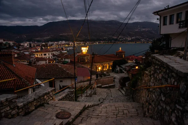 Ohrid North Macedonia Traditionella Vita Hus Mitt Den Gamla Staden — Stockfoto
