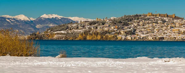 Ohrid Macedonia Del Norte Hermoso Paisaje Invernal Lago Ohrid Día — Foto de Stock