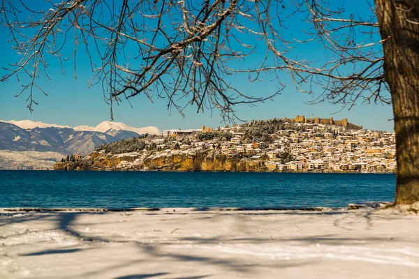 Ohrid Macedonia Del Norte Hermoso Paisaje Invernal Con Vistas Lago — Foto de Stock