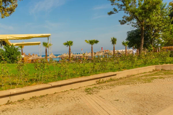 Kemer Turchia Famosa Spiaggia Centrale Una Giornata Sole Faro Con — Foto Stock