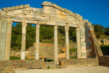 APOLONIA, ALBANIA: Arnavutluk 'un Apolonia kentinde MÖ 6. yüzyılda kurulan bir Korint Yunan kolonisi olan beyaz kolonlara sahip antik Yunan tapınağı