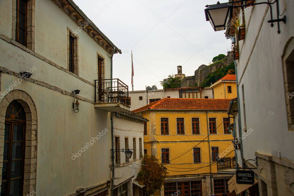 GJIROKASTRA, ALBANIA: Buildings in the center of the historic city in Gjirokastra, Albania. UNESCO World Heritage Site