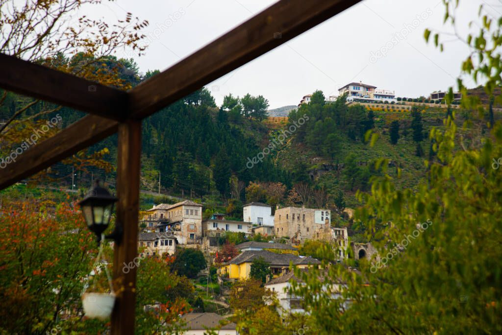 GJIROKASTRA, ALBANIA: Top view of the old town of Gjirokastra. Travel Tip Albania. UNESCO World Heritage Site.