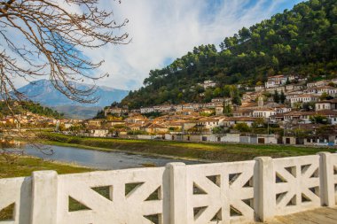 Berat, ALBANIA: Arnavutluk 'taki Osum Nehri üzerindeki taş köprü. UNESCO Dünya Mirası Alanı.