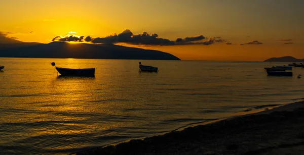 Vlora Vlore Albania Beautiful Sunset Sea Silhouettes Fishing Boats Background — Stock Photo, Image