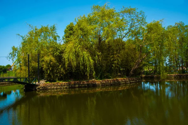 Batumi Georgia Hermoso Puente Metálico Una Pequeña Isla Lago Ardagani — Foto de Stock