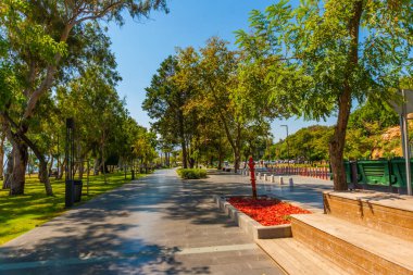 Türkiye 'nin Antalya kentinde güneşli yaz mevsiminde Konyaalti plajındaki güzel ağaçlar ve yollar.
