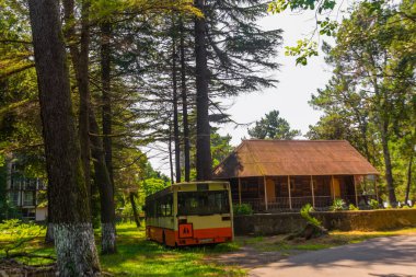 KOBULETİ, GEORGIA: Ahşap bir Ortodoks kilisesi ve gölgeli bir parkta eski bir Alman otobüsü.