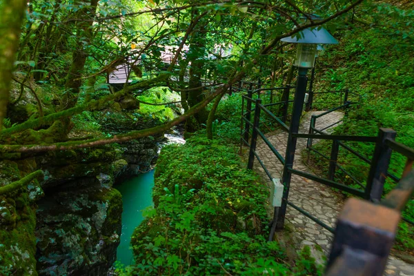 Martvili Canyon Georgia Água Azul Turquesa Rio Desfiladeiro Martvili Dia — Fotografia de Stock