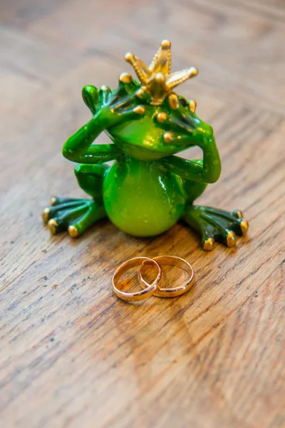 Very beautiful engagement ring and the frog figurine — Stock Photo, Image