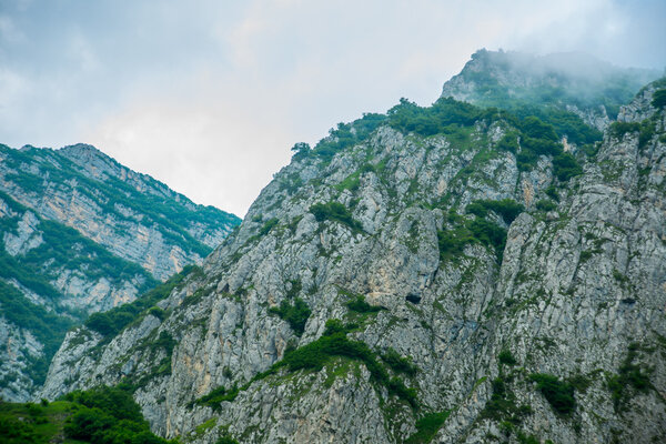 Beautiful blue-green mountains in the mist.Cloudy.Summer.The Caucasus. .Russia.