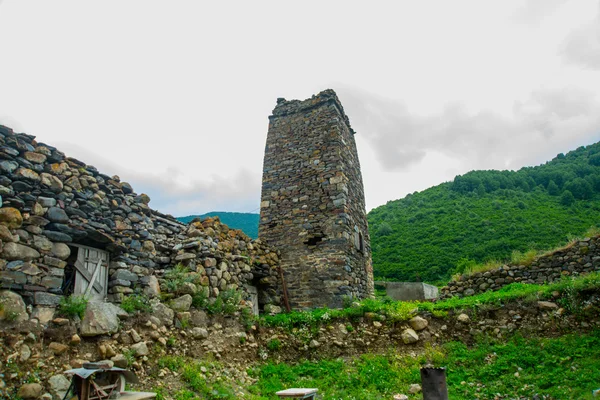 Den gamle steinen fra det ødelagte tårnet og et fragment av en vegg. Kaukasus. . – stockfoto
