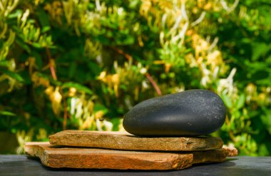 Parktaki çimlerin üzerinde taş taşlar ve çiçekler