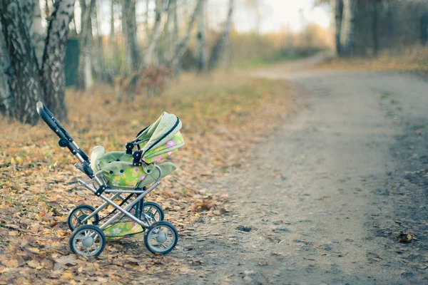 Carro de bebé vacío dejado en un parque en un día de otoño — Foto de Stock