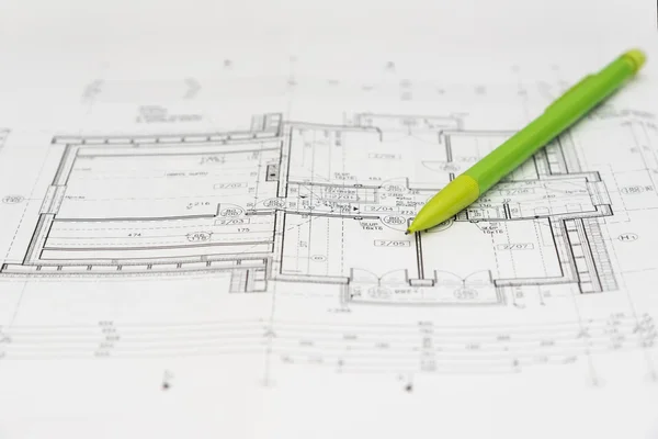 Pencil on architecture design drawings — Stock Photo, Image