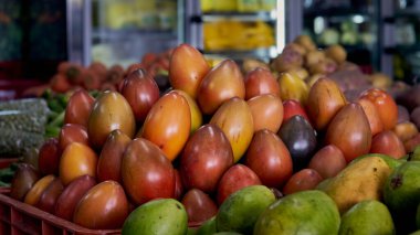 Andean domates veya tamarillo pazarında sergilenen organik domates seçimi. Sachatomate, bilimsel adı solanum betaceum.                               