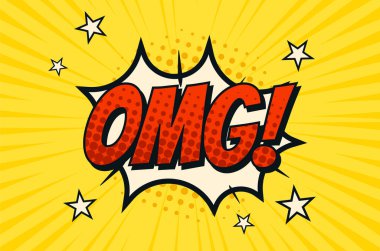 Retro mizah çerçevesi, arkaplan, duvar kağıdı, yarım ton efektli OMG metni, çizgiler ve yıldızlar. Sarı 